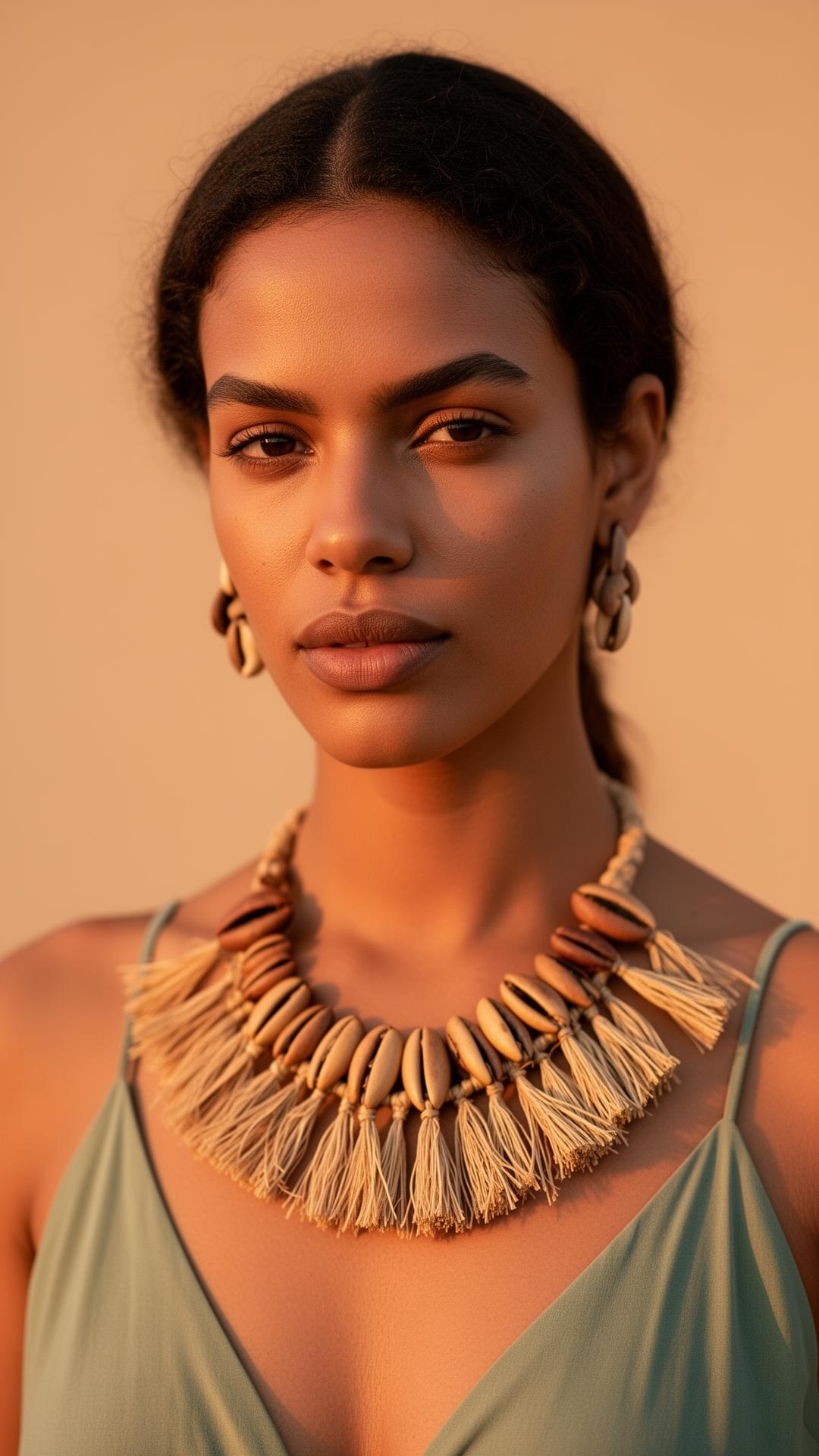 Modelo usando colar artesanal Divou Biojoias