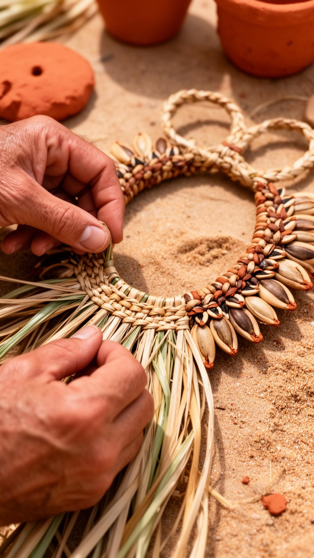 Mãos artesãs trançando fibras